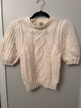 Ivory Cable Knit Puff-Sleeve Sweater